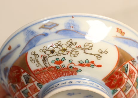明治前期色絵柴垣に梅と龍図通り物飯茶碗