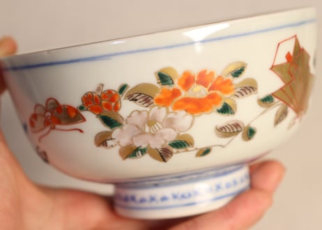 明治前期色絵牡丹と扇に春蘭図蒸茶碗② 少甘手