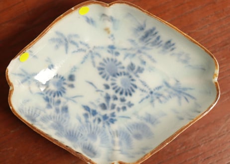 江戸中期紙刷古印判菊図菱柄小皿　小ホツ②
