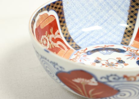 明治前期色絵松竹梅と牡丹図7寸鉢　釉剝げ