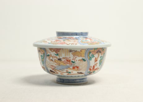明治前期色絵三方鮎図蒸茶碗