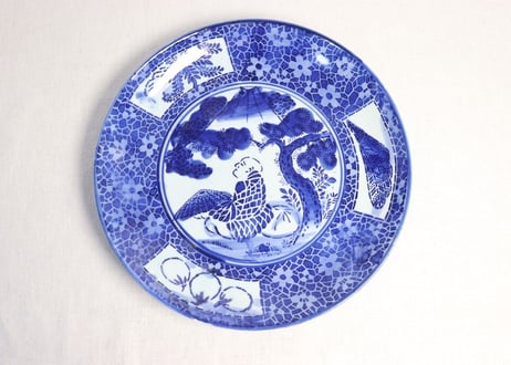 明治前期紙刷茄子鷹富士図大皿 ホツ