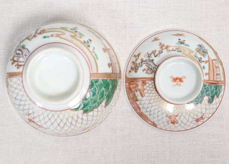 明治前期色絵網手に鶴と梅に鶯図通り物飯茶碗