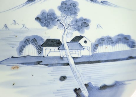 江戸幕末染付山水図尺皿 フリモノ,少甘手,ムシクイ