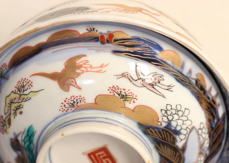 明治前期色絵山水図通り物飯茶碗①