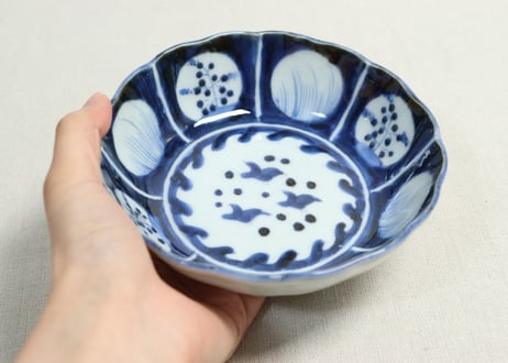 江戸後期染付波千鳥と丸窓絵図なます皿①