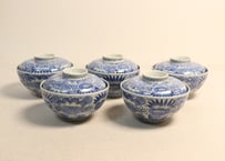 江戸幕末染付線描き三方に花図蓋茶碗 5客組
