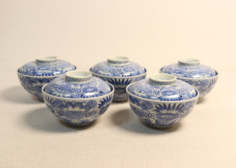 江戸幕末染付線描き三方に花図蓋茶碗 5客組 | 吉祥寺PukuPuku