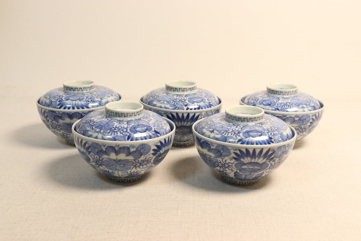 江戸幕末染付線描き三方に花図蓋茶碗 5客組 | 吉祥寺PukuPuku
