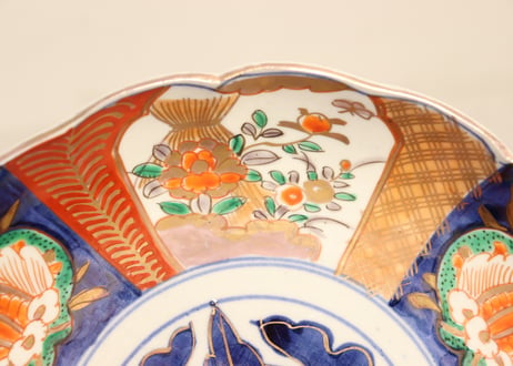 明治前期色絵六方に牡丹図7寸皿①