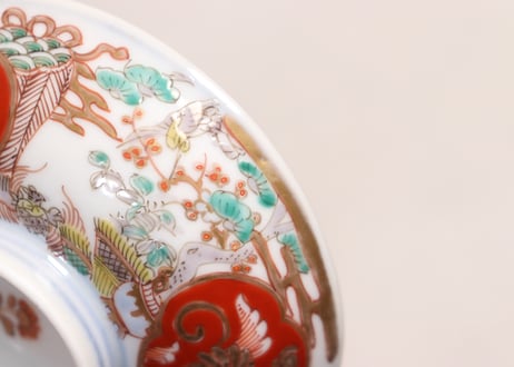 明治前期色絵松竹梅に鶴亀図通り物飯茶碗②少甘手