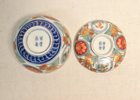 明治前期色絵四方に水仙図蓋茶碗　５客組　蓋窯傷,ノミホツあり