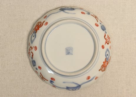 明治前期色絵桃に山水と鳥籠図通り物小皿①5客組