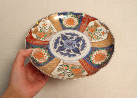 明治前期色絵六方に牡丹図7寸皿②ノミホツ,ムシクイ