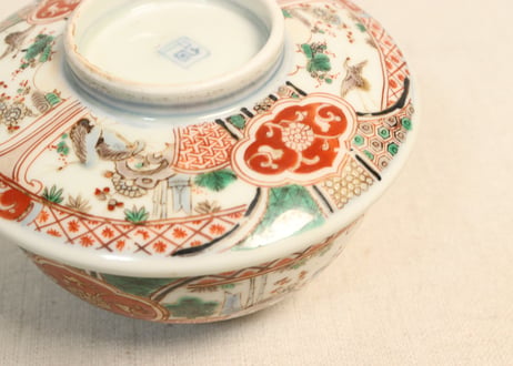 明治前期色絵松竹梅に鶴図通り物蒸茶碗