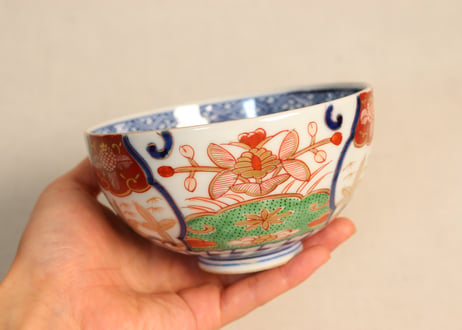 明治前期色絵若松と牡丹図飯茶碗