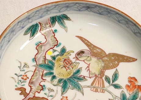 明治前期色絵柘榴と鳥図5寸深皿 釉剥げ