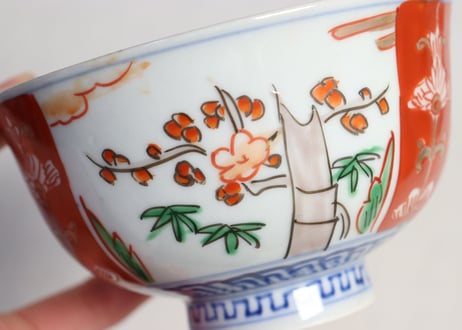 明治前期色絵三方に竹梅図通り物飯茶碗