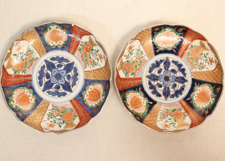 明治前期色絵六方に牡丹図7寸皿②ノミホツ,ムシクイ