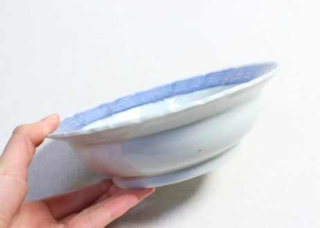 江戸幕末染付山水図鍔縁なます皿 窯傷有り