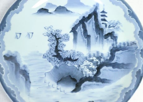 江戸幕末染付山水図ダミ縁尺皿
