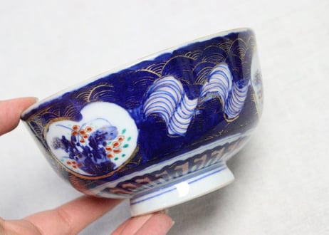 明治前期色絵草花に波図蒸茶碗①　 色擦れ