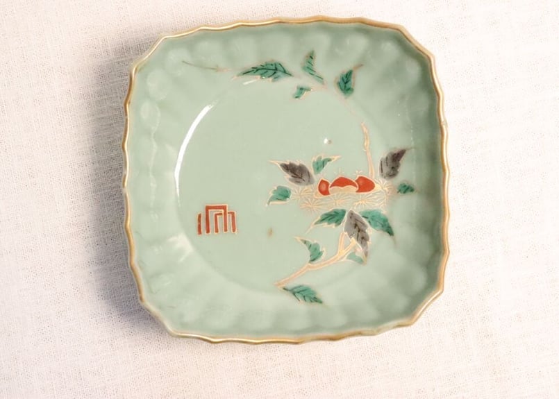 江戸中期青磁色絵栗図角なます皿五客組 1客ノミホツ有り | 吉祥寺PukuPuku