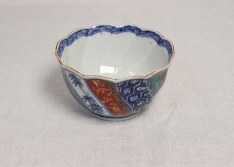 明治前期色絵幾何学文と草花図捻子輪花向付5客組 2客部分甘手