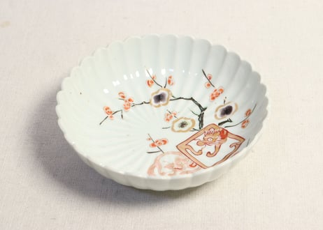 江戸中期赤絵金彩梅と龍図菊花型なます皿 5客組　1客ノミホツ