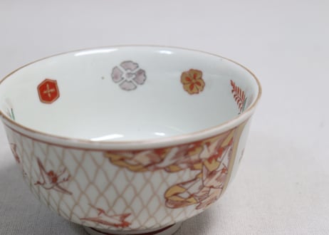 明治前期色絵網手に鶴と梅に鶯図通り物飯茶碗