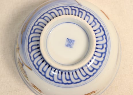明治前期金彩染付山水図通り物飯茶碗②薄め