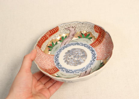 明治前期色絵桜と万年青図通り物なます皿