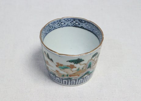 江戸後期色絵山水に丸文図猪口　5客組