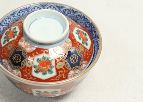 江戸幕末色絵牡丹と青玉図通り物飯茶碗
