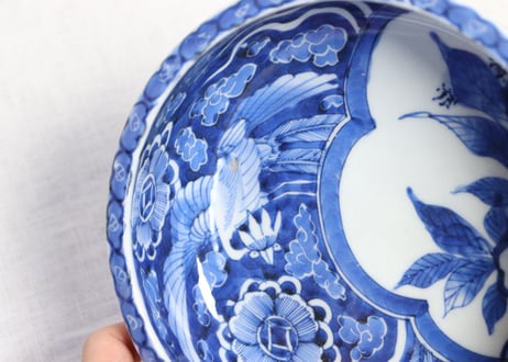 江戸幕末染付鳳凰図6寸鉢 窯傷