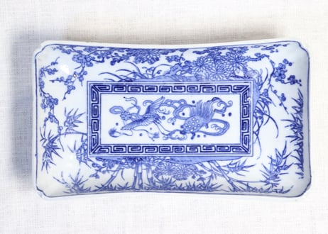 角皿 角長皿 印判 染付 微塵唐草 明治 大正 ベロ藍 松竹梅 窯