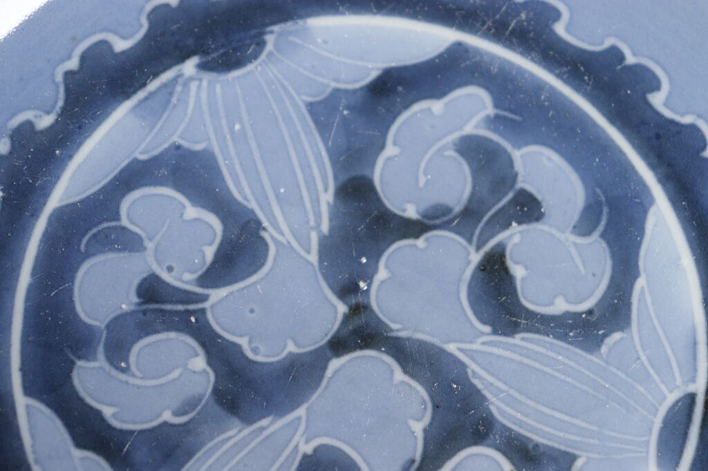 【図変わり】江戸時代　染付　墨弾き技法　千成瓢箪図　豊臣秀吉の旗印　輪花皿　5客 図変わり】江戸時代 染付 墨弾き技法 千成瓢箪図 豊臣秀吉の