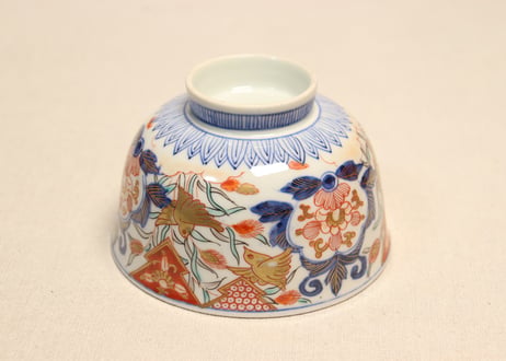 明治前期色絵芦に鳥と牡丹図通り物飯茶碗