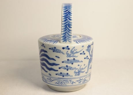 明治前期染付鳳凰図銚子 共箱付き,2ｐセット/ニュウ,蓋小ホツ複数