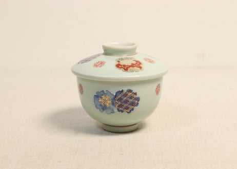 大正～昭和戦前色絵雪輪図つぼ碗 黒点