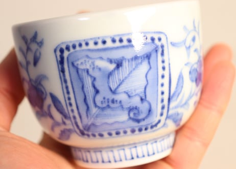 江戸幕末染付扇と花図向付