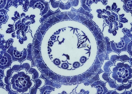 明治前期紙刷牡丹図尺皿　小ホツ,かたつき