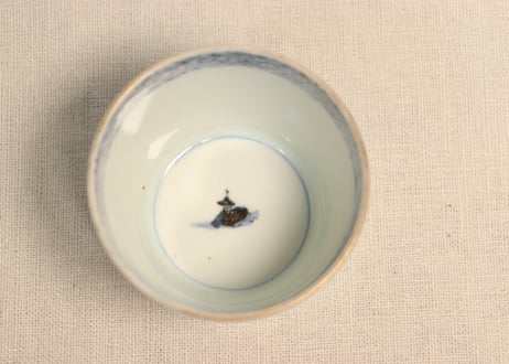 江戸後期色絵山水図猪口③　窯傷,高台ホツ