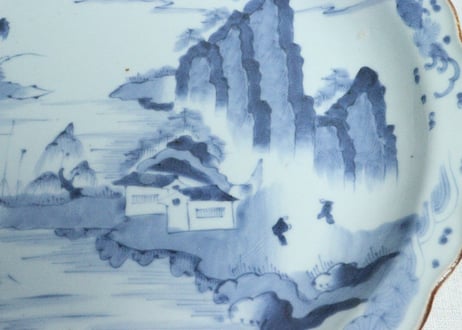 江戸幕末染付山水と波に貝図尺皿
