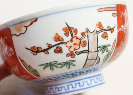 明治前期色絵三方に竹梅図通り物蒸茶碗
