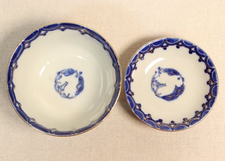 明治後期～大正色絵桜と波千鳥図通り物飯茶碗