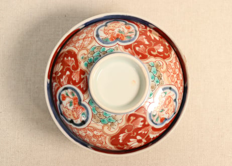 明治前期色絵獅子牡丹と幾何学文図飯茶碗②窯傷