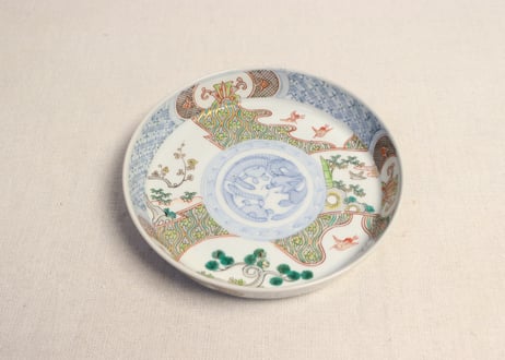 明治前期色絵竹林雀と松鶴図縁立ち5寸皿