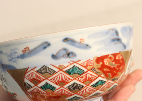 明治前期色絵柴垣に梅と龍図通り物蒸茶碗