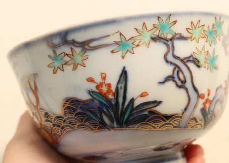 明治前期色絵龍と宝珠に人物図通り物飯茶碗②蓋少甘手